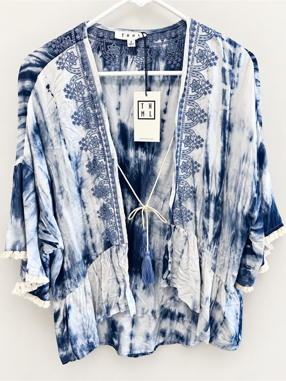 THML Navy & White Tie-Dye Embroidered Kimono